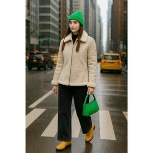 B. Moss Cloud Dancer Faux Suede Shearling Jacket Y2K Dad Chic Street Wear Sz M